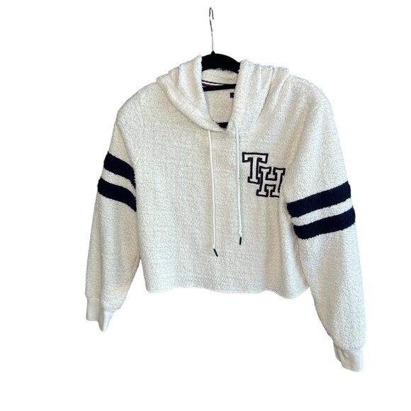 Tommy Hilfiger Marshmallow White Cropped Hoodie Varsity Sweatshirt Size Large - Picture 1 of 10